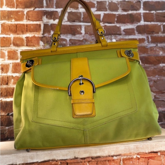 Coach Green Canvas & Yellow Leather Trim Carryall Hampton Tote - Picture 2 of 16